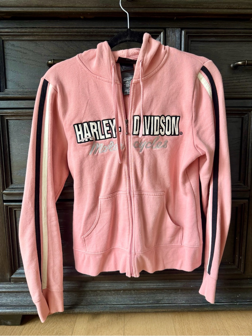 Vintage Harley-Davidson Pink Zip-Up Hoodie with Stripe Sleeves